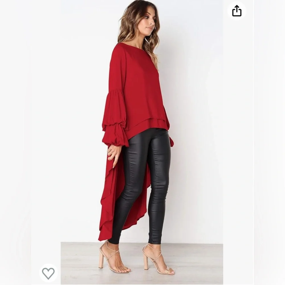 PRETTYGARDEN Womens Lantern Long Sleeve Asymmetrical Irregular Hem Blouse Shirt - Picture 3 of 7